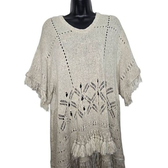 Alice + Olivia Sweater Size Small Fringe Boho Linen Blend Cream Oversized - Picture 2 of 7